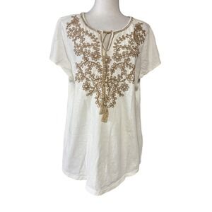 Charter Club Shirt Womens Large White Embroidered Sequin Tassel Boho Tunic Top